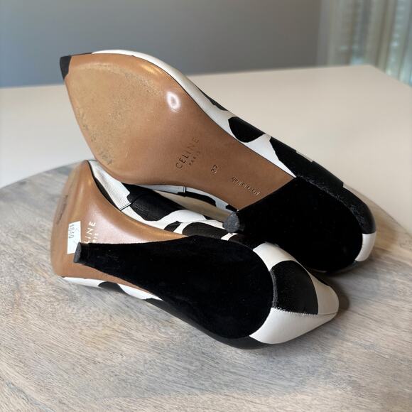 CELINE Paris Black White Graphic Leather Cone Heel Pumps Size 37 Made in Italy - Picture 10 of 14